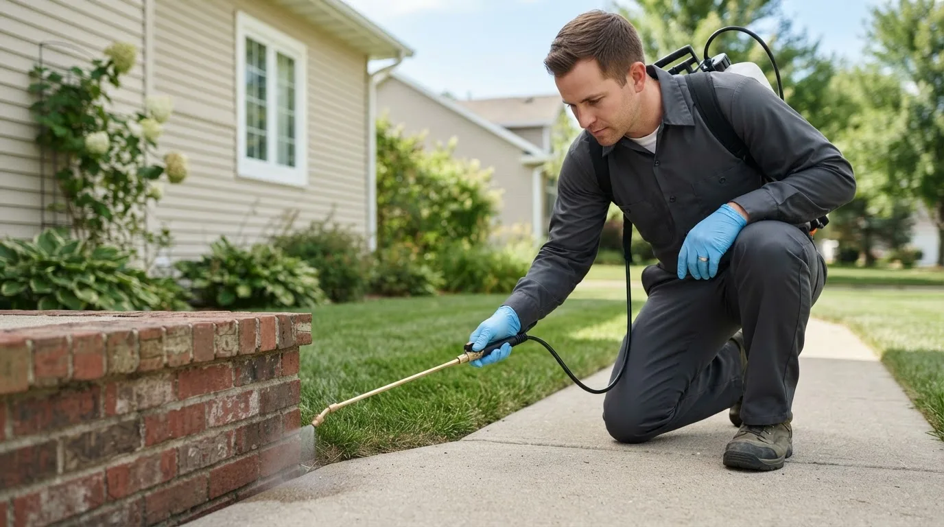 Pest control technician treating a home near Omaha, GA
